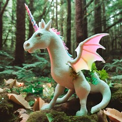 Image depicting a mythical creature, such as a dragon or unicorn, peacefully coexisting with real-world animals in a magical forest.
