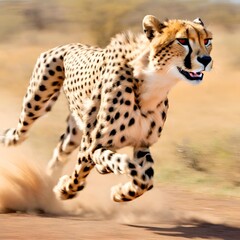 Lifelike representation of a cheetah in full sprint across the African savannah, illustrating the incredible speed of this predator.