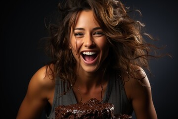 Woman making a happy grimace eats tasty chocolate cake on a gray background. empty, generative IA - obrazy, fototapety, plakaty