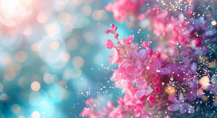 Spring announced with bright pink blooms on a bright blurred, defocused blue, petrol, teal background. Change of season welcoming. Copy space on colorful banner with bokeh. - obrazy, fototapety, plakaty