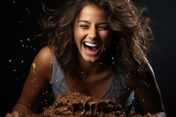 Woman making a happy grimace eats tasty chocolate cake on a gray background. empty, generative IA - obrazy, fototapety, plakaty