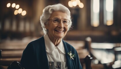  sweet little old lady in the church with her clothes and smiling, blurry background
