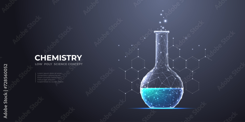Poster abstract lab flask with blue liquid and chemistry molecule. science and education concept. polygonal