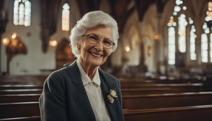  sweet little old lady in the church with her clothes and smiling, blurry background
 - obrazy, fototapety, plakaty