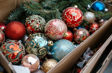 A box filled with richly decorated Christmas ornaments nestled among evergreen branches, showcasing a variety of patterns and festive colors