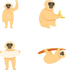 Cute gibbon icons set cartoon vector. Gibbon primate, mammal. Monkey, wildlife