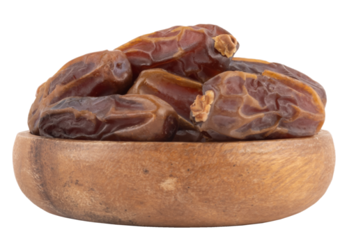 Bowl of dry date fruits, Islamic religious banner design concept idea image wooden bowl of dry date fruits. Copy space. Workspace text area. Front view decorations Ramadan. Transparent png image.