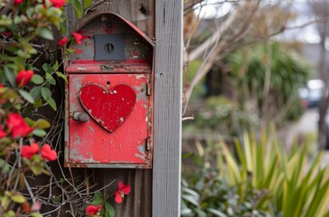 A rustic red mailbox adorned with a heart cutout stands against a backdrop of green foliage and vibrant red flowers, embodying a charming blend of nostalgia and romance