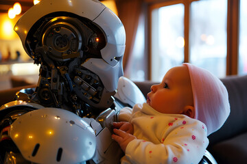 Modern Robot with baby in arms Robot as a nanny, innovative technology robotic babysitter