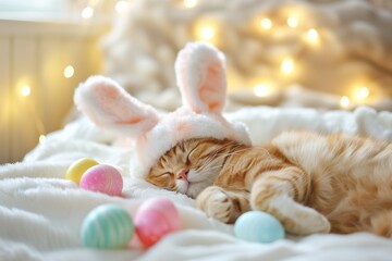 Fototapeta na wymiar A charming cat dozes off wearing bunny ears, enveloped by an array of speckled Easter eggs and soft, glowing lights.