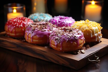 Three donuts on a wooden table with colorful confectionery and coffee, generative IA