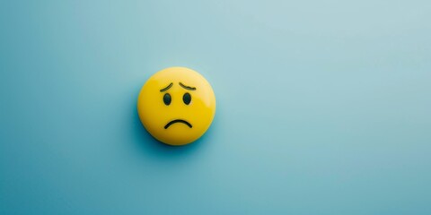 Blue Monday concept. Yellow sad emoji face on light blue background