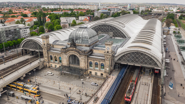 Germany, Dresden, May 2019 - Aerial view of Dresden Central Station
