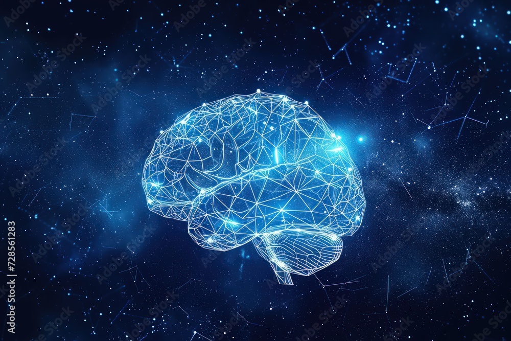 Poster digital brain with network of connections against cosmic backdrop, intelligence and connectivity