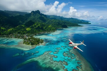 An airplane flies over a breathtaking tropical island, showcasing the vivid blue waters and lush greenery of the landscape below