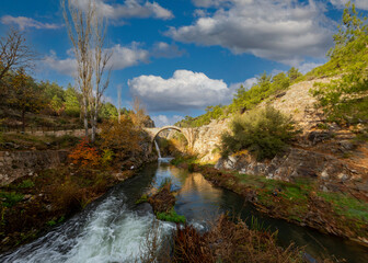 Turkey's waterfalls and rivers. Historic stone bridge and waterfall. Clandras bridge and Clandras waterfall. Usak , Turkey