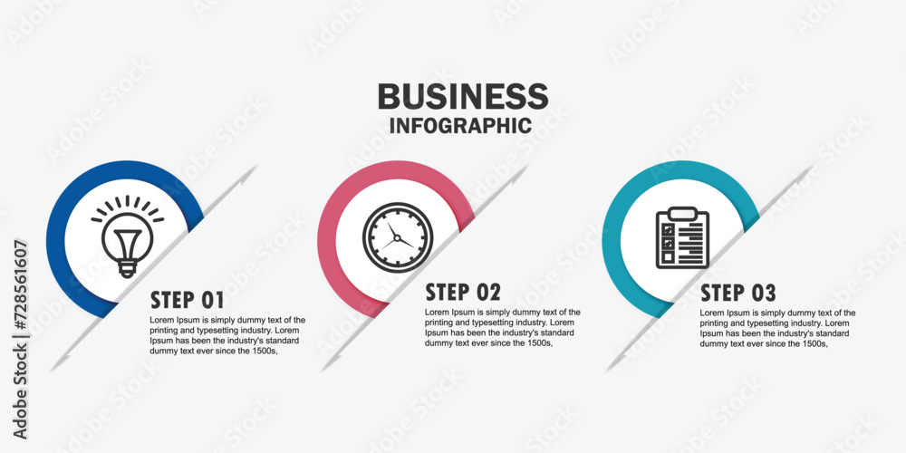 Poster concept of arrow business model with 3 successive steps. three colourful graphic elements. timeline 