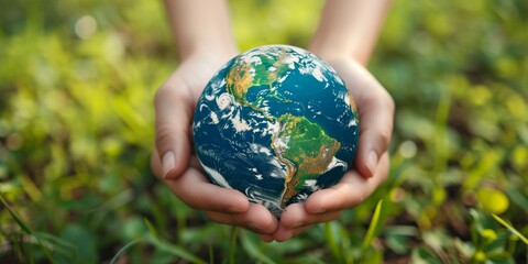 Women hands holding earth on green background. Save and protection Earth.Concept of the environment World Earth Day. - obrazy, fototapety, plakaty