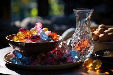 A table full of colored chocolates with a bowl of chocolates in the background., generative IA