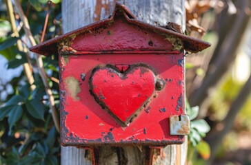 Close-up of a worn red mailbox featuring a heart emblem, nestled among greenery, symbolizing heartfelt communication and vintage charm