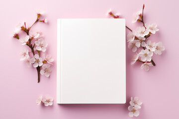 Blank white book cover mockup with flowers on pink background, book hardcover mockup with copy space