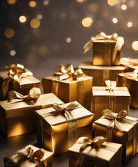 shiny gift boxes covered with golden ribbon, isolated background. copy space for text.