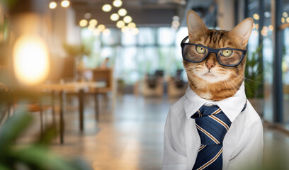 Bengal cat wearing glasses, white shirt and tie in the office.