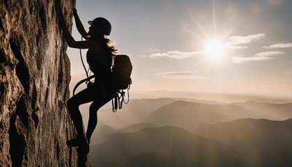 silhouette of a woman rock climbing at sunset
