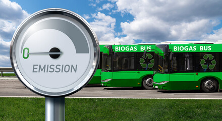 Gauge with inscription EMISSION. Arrow points to zero. Green buses on a background. Carbon neutral...