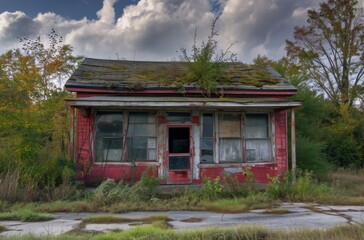 A once vibrant red building with a green roof now stands in a state of decay