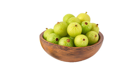Fresh amla (Indian gooseberry) with wooden bowl isolate on white background 