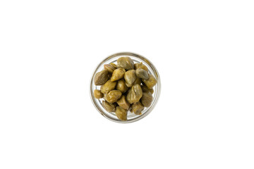 Capers in a bowl isolated on a white background. Marinated caper buds, small salted capparis in bowl, fermented food, pickled capers group.Organic spices and seasonings.