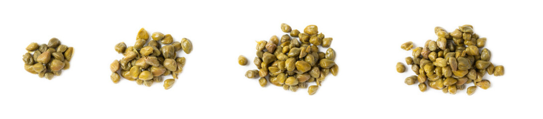 Capers isolated on white background. Marinated caper buds, small salted capparis in bowl, fermented...