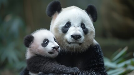 A portrait of a cute baby panda cub and an adult panda in their natural habitat