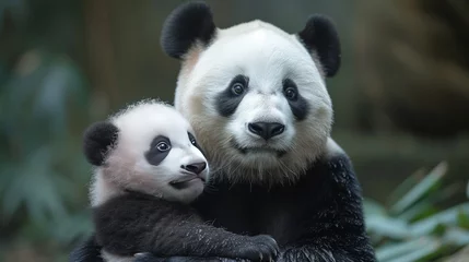 Foto op Plexiglas A portrait of a cute baby panda cub and an adult panda in their natural habitat © Anna Lurye
