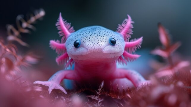 An axolotl, resting on pebbles in aquarium. The axolotl has pink gills, a white body, and blue eyes.
