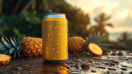 Mockup aluminum water pineapple can with water droplet on surface can with pineapple are placed as ingredients. pineapple vast farm on background. for product presentation