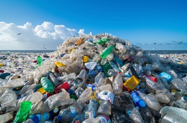 Mountains of discarded plastic bottles create a disturbing scene on the seashore under a cloudy sky, highlighting the environmental issues of pollution and waste disposal