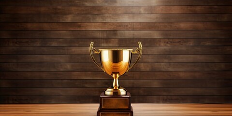 Isolated gold trophy on wooden table with copy space. - obrazy, fototapety, plakaty