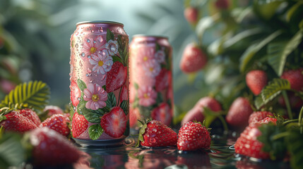 Mockup aluminum water Strawberry can with water droplet on surface can with Strawberry are placed as ingredients. Strawberry vast farm on background. for product presentation - obrazy, fototapety, plakaty