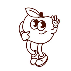 Groovy cartoon monochrome apple character with peace and love gesture. Funny retro fruit walking to hippy fun music party, sweet apple mascot, cartoon food sticker of 70s 80s style vector illustration