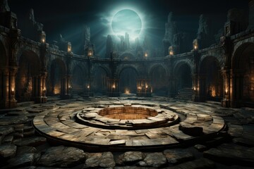 Antique arena podium for battles, marble columns, moon and night, ancient Rome - obrazy, fototapety, plakaty