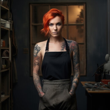 A person with vibrant red hair and tattoos stands confidently in a workshop wearing black overalls with a thoughtful expression