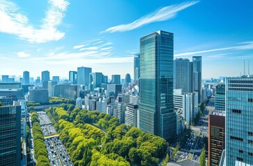 A breathtaking cityscape of Tokyo's business district under clear blue skies, showcasing a mix of modern high-rises and lush greenery - obrazy, fototapety, plakaty