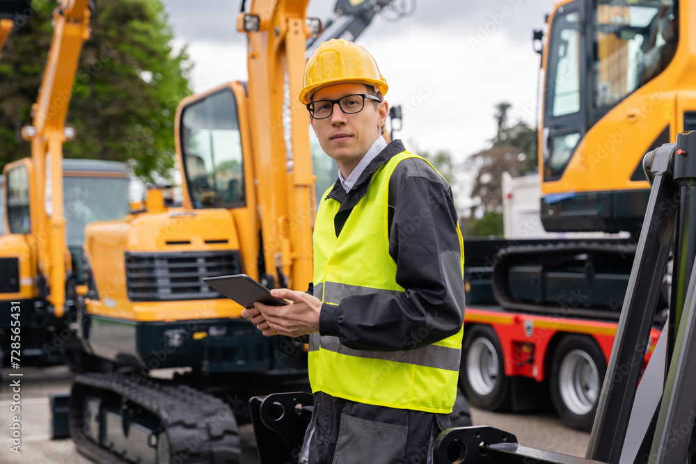 Poster Engineer in a helmet with a digital tablet stands next to construction excavators..