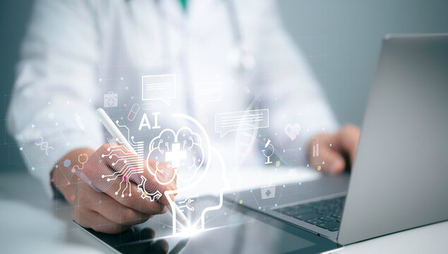 Medical worker using technology smart robot AI,Concept of healthcare and medical AI technology services and advance of technology Artificial Intelligence for future healthcare transformation.