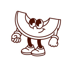 Groovy cartoon monochrome melon slice character with cute smile. Funny retro tropical melon with arms and legs, comic muskmelon mascot, cartoon summer food sticker of 70s 80s style vector illustration