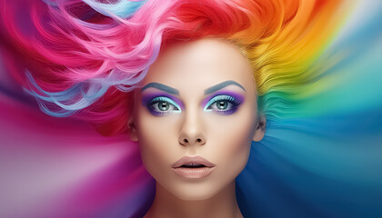 Creative Rainbow Hair Coloring Portrait Woman , LGBQ concept