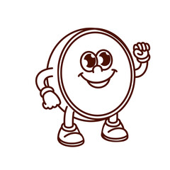 Groovy cartoon monochrome kiwi character with victory gesture. Funny retro tropical fruit cut in half, kiwi mascot with hand up and happy smile, cartoon sticker of 70s 80s style vector illustration