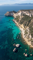 Aerial view with drone of the Sella del Diavolo in Cagliari. Sunny day, crystal clear sea with...